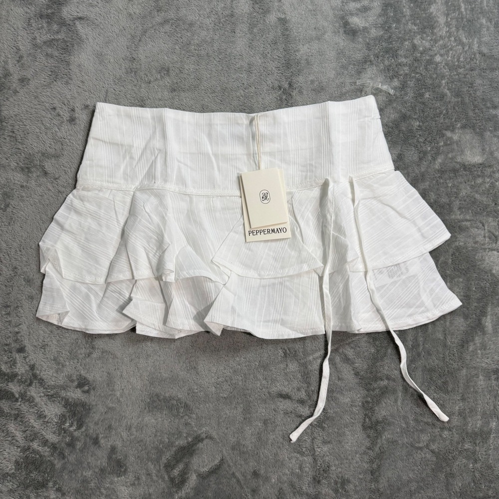 Peppermayo Lisbon Mini Skirt White Cotton Ruffle Tiered Lace Trim US 2 NEW